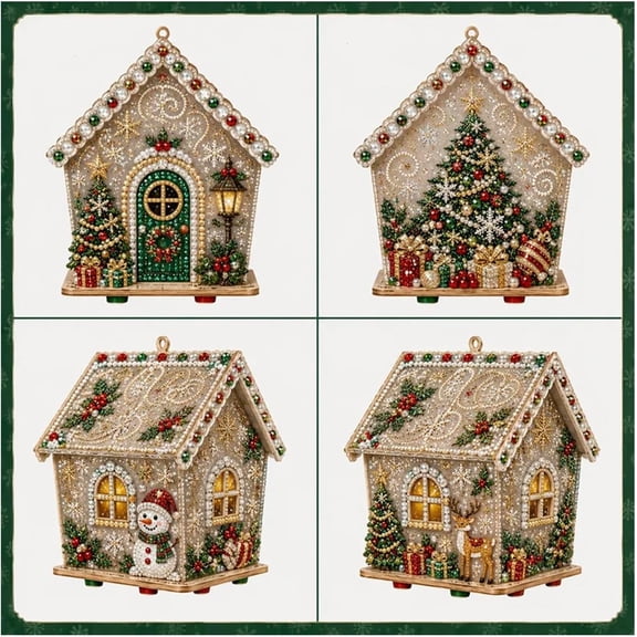 DIY Pearl Art Christmas Cabin, Christmas House Diamond Art Kit, 3D Diamond Painting House Kit, DIY Wooden Festive Craft Kit for Adults, Holiday Tabletop & Hanging Decor