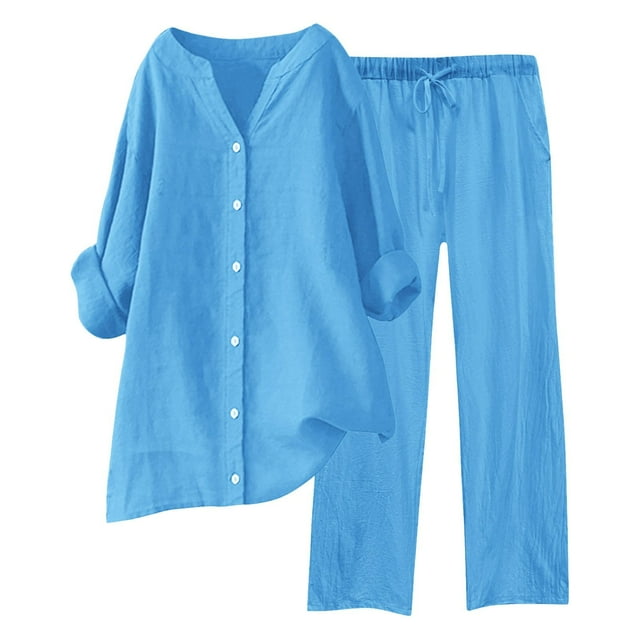 Ploknplq Jumpsuits for Women,Jogging Suits for Women Plus Size,Lounge Sets for Women,Shirt Tops Pockets Pants Shirt Trousers Set,Matching Sets Women Clothing,Track Suits for Women Set Blue L