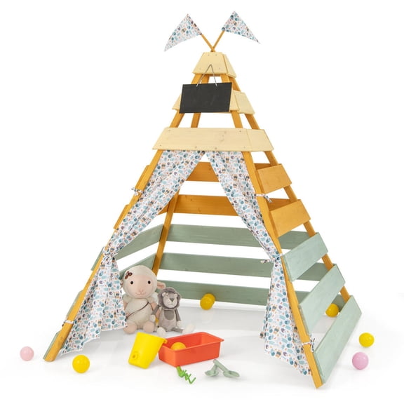 Triangle Hideaway Playhouse with Removable Chalkboard, Fir Wood, Indoor Outdoor Play House for Kids 3-8