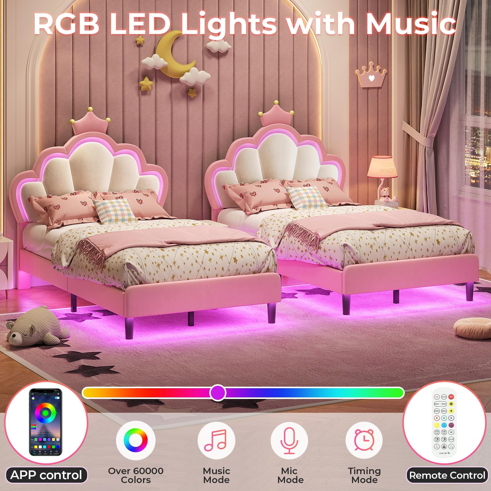 Afuhokles Twin Size Bed Frame with LED Lights and Princess Crown, LED Velvet Upholstered Platform Bed Frame with Adjustable Headboard, Pink