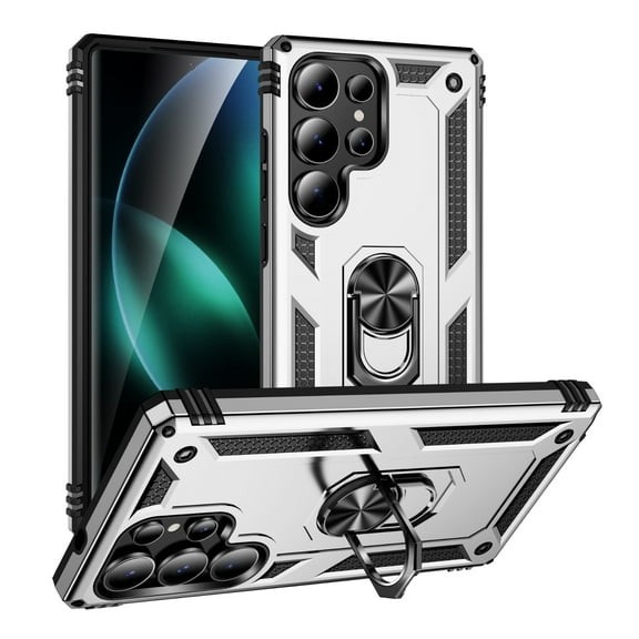 TECH CIRCLE for Samsung Galaxy S24 Ultra PC TPU Armor Phone Case with 360 Metal Rotating Ring Kickstand [Military Grade Shockproof Armor] Heavy Duty Car Mount Holder Phone Cover,Silver