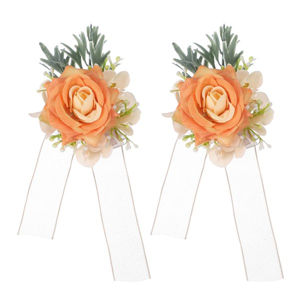 Uxcell 2 Pcs Corsage de Muñeca de Flores Naranja Claro, Pulseras de Flores Artificiales para Boda Novia Novio Ceremonia Aniversario Baile Fiesta