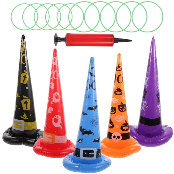 Clispeed - Juego de 5 piezas de lanzamiento de aros de sombrero de bruja inflable, para Halloween, fiestas, juegos para niños y adultos, interior y exterior, con bomba de aire de plástico.