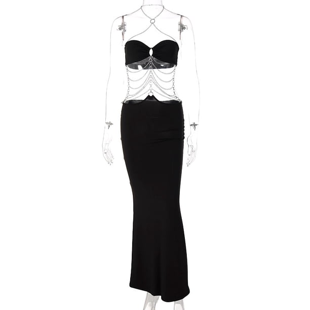 Zoctuo Pure Color Chain Halter Bandage Long Sleeves Backless Revealing Slim Maxi Dress 2022 Fall Women Fashion Elegant Y2KL Gao Jinjia LED