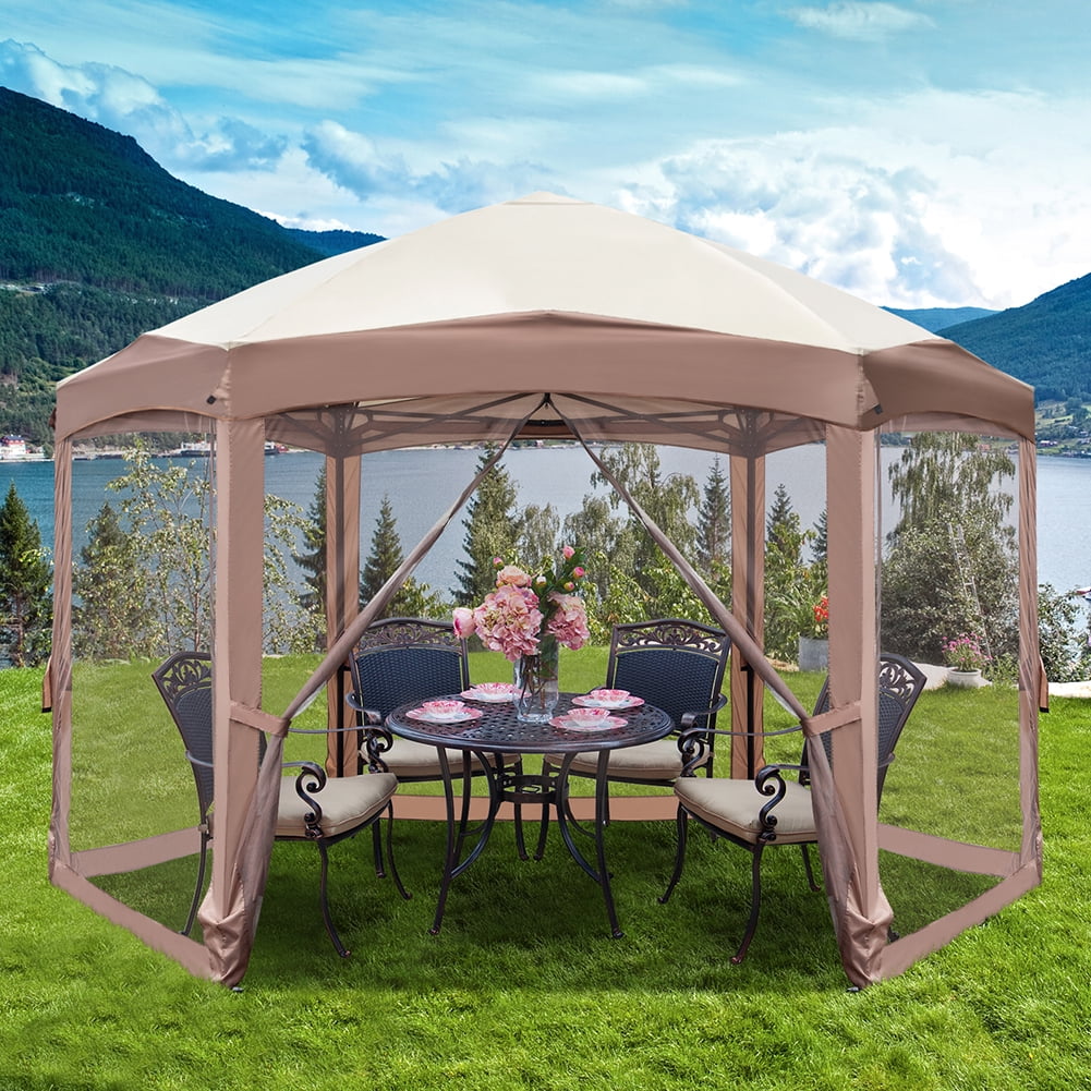 Kadyn 10x12 Ft Outdoor Canopy Tent, Hexagonal Arc Top Folding Shed for Terraces, Wedding Party Tent with Black Bag, 6 Veils and Net Cloth, Khaki and Brown Kadyn 10x12 Ft Outdoor Canopy Tent, Hexagonal Arc Top Folding Shed for Terraces, Wedding Party Tent with Black Bag, 6 Veils and Net Cloth, Khaki and Brown