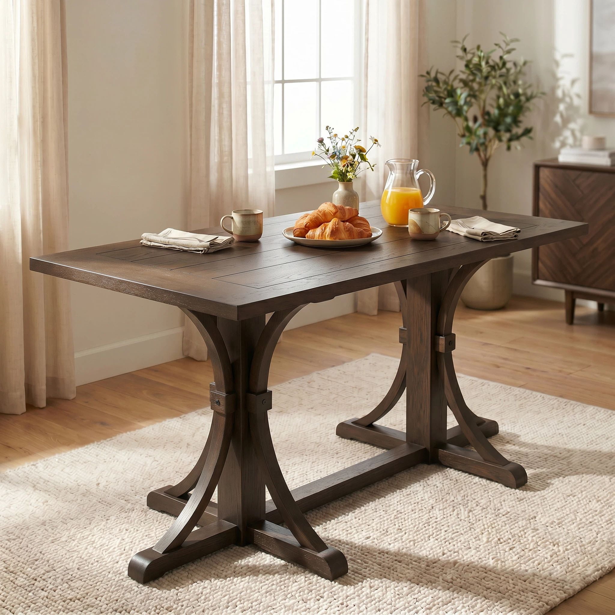 Euroco 60 Inch Farmhouse Dining Table for 6, Solid Wood Dining Room Table Kitchen Table with Trestle Base & Curved Legs for Living Room,Home Office,Espresso