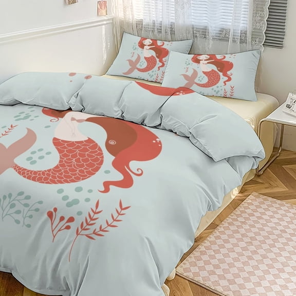3PCS Ocean Cute Mermaid Duvet Cover Set Twin, 1 Duvet Cover And 2 Pillowcase, Duvet Cover for Kids Girls Boys And Teens