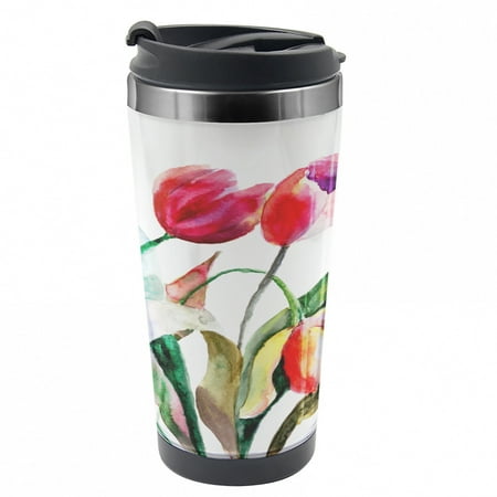 

Art Travel Mug Watercolor Tulip Flowers Steel Thermal Cup 16 oz by Ambesonne