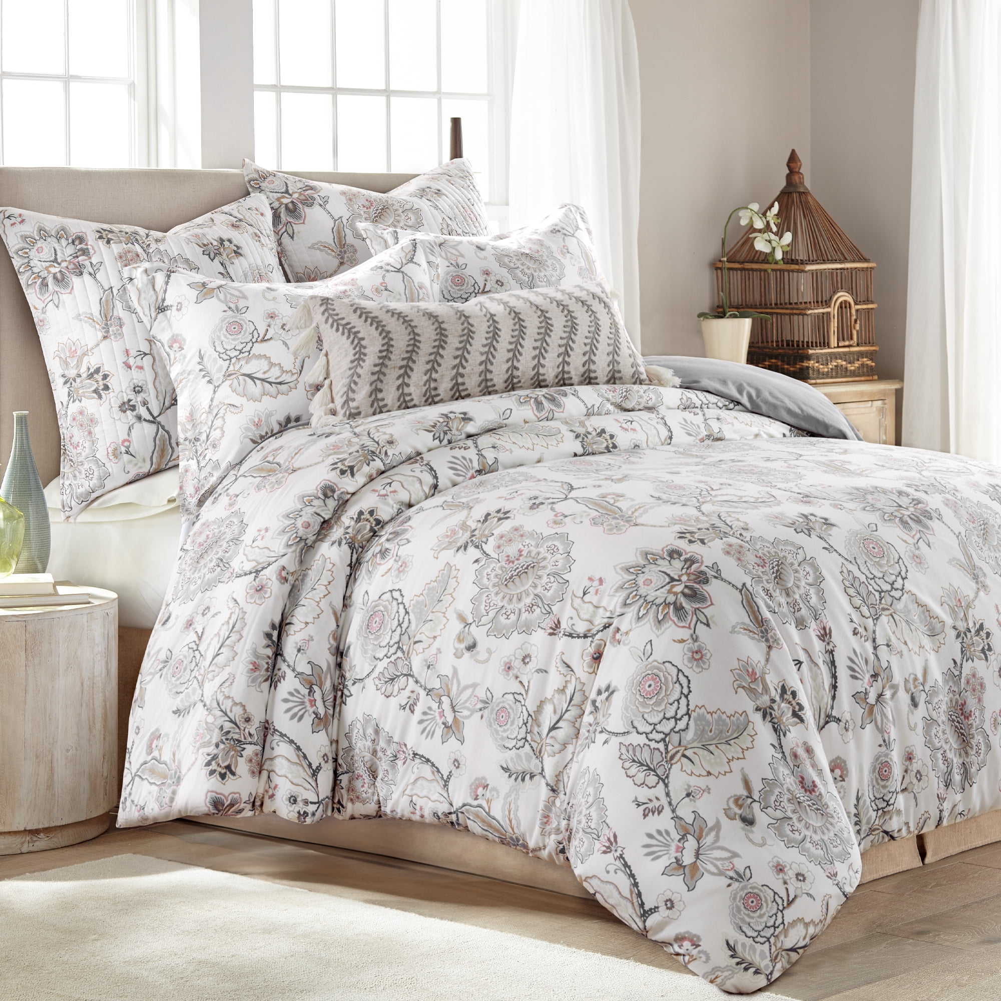 Levtex Home - Ophelia Blush Duvet Cover Set - Full/Queen Duvet Cover + Two Standard Pillow Cases - Floral - Taupe Grey Cream Blush - Duvet Cover (90 x 94in.) and Pillow Case (26 x 20in.) - Rayon