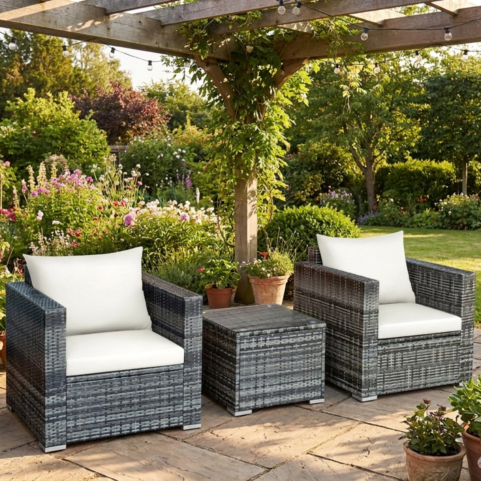 Biotree 3 Piece Patio Rattan Bistro Sofa Set outdoor conversation set with cushions and tempered glass coffee table for balcony garden and porch, White