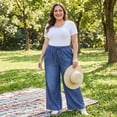 thumbnail image 3 of Agnes Orinda Women's Plus Size Jeans Drawstring Elastic Waist Denim Pants Casual Wide Leg Chambray Palazzo Pants with Pockets 1X Dark Blue, 3 of 8