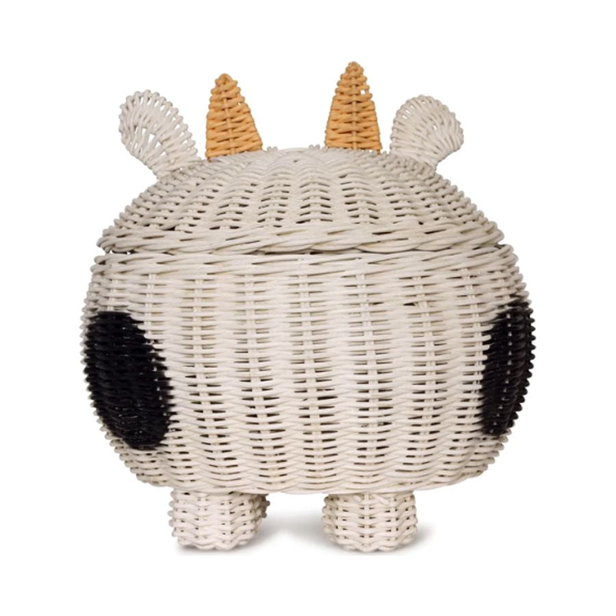 Cow Rattan Storage Basket with Lid Decorative Bin Home Decor Hand Woven Shelf Organizer Cute Handmade Handcrafted Gift Art Decoration Artwork Wicker