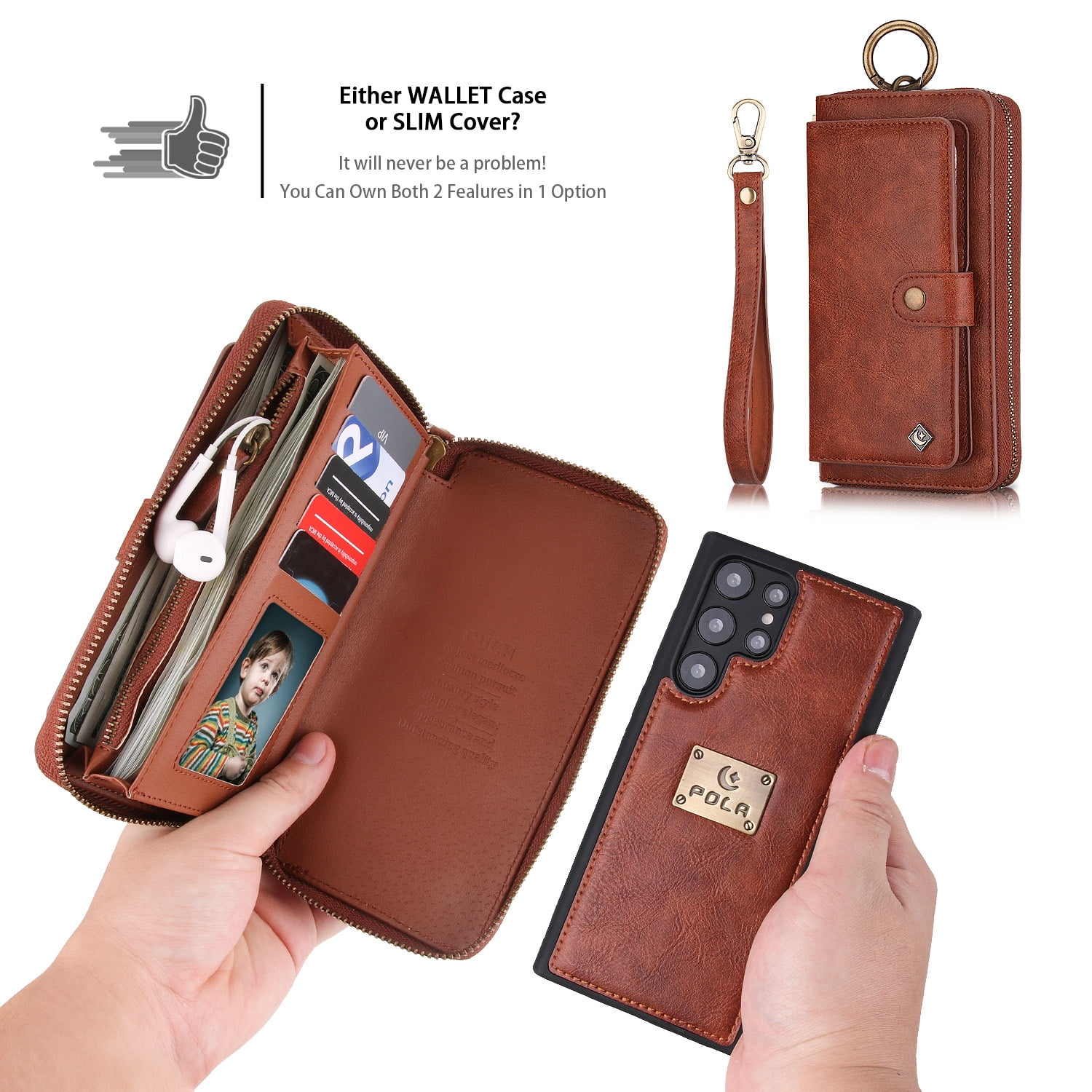 Samsung Galaxy S22 Ultra Leather Flip Case Cover, Galaxy S22 Ultra Zipper Wallet Case for Women and Men, Dteck 14 Card Holder Zipper Pocket Magnetic Detachable Wallet Folio Case Leather Pouch,Brown