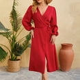 thumbnail image 2 of Diufon Women's Maxi Dresses Summer V Neck Long Sleeve Dress Side Lace-Up Waisted Hem Split Dress, 2 of 5