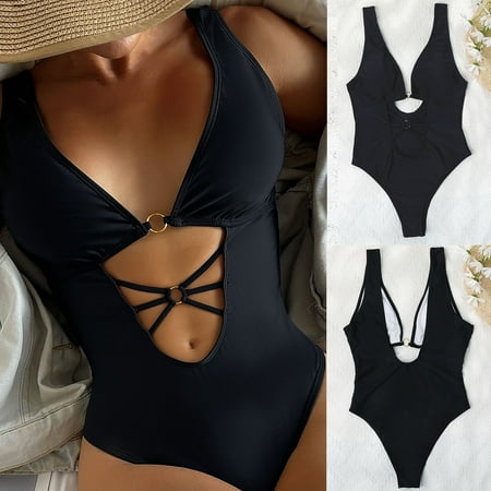Women s Sexy Split Bikini One-Piece Solid Color Beach Padded Bra Swimsuit  High-Compression Support  Full Coverage  Stylish Cutout  for Pool/Beach  Comfortable Fit  Seamless Design | Black S