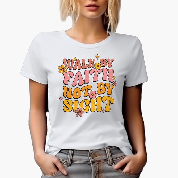 Distressed Walk by Faith Not by Sight - Retro Wavy Text Art Merch Gift, White T-Shirt, Small