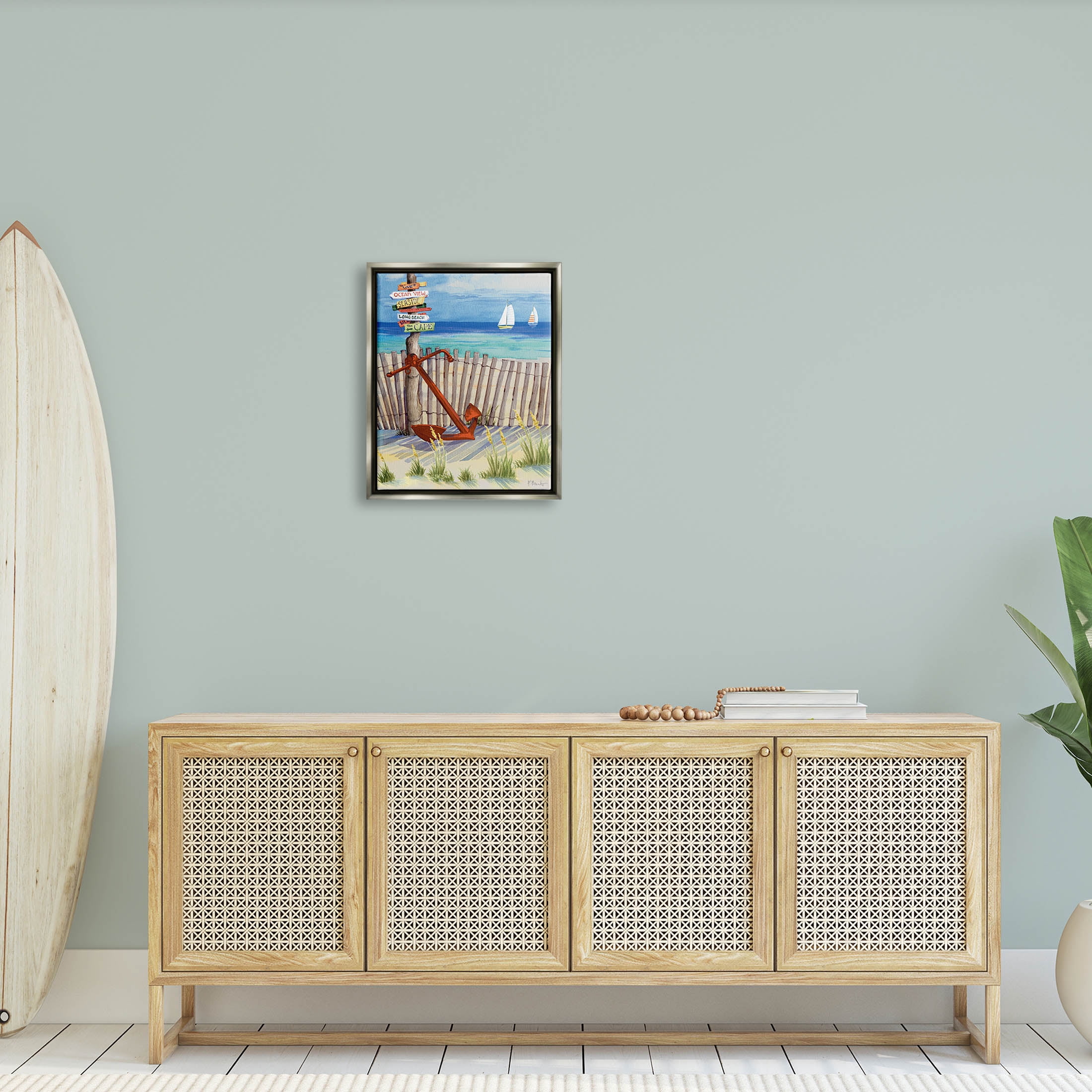 Anchor Leaning Beach Directions Sign Coastal Painting Luster Gray Framed Art Print Wall Art