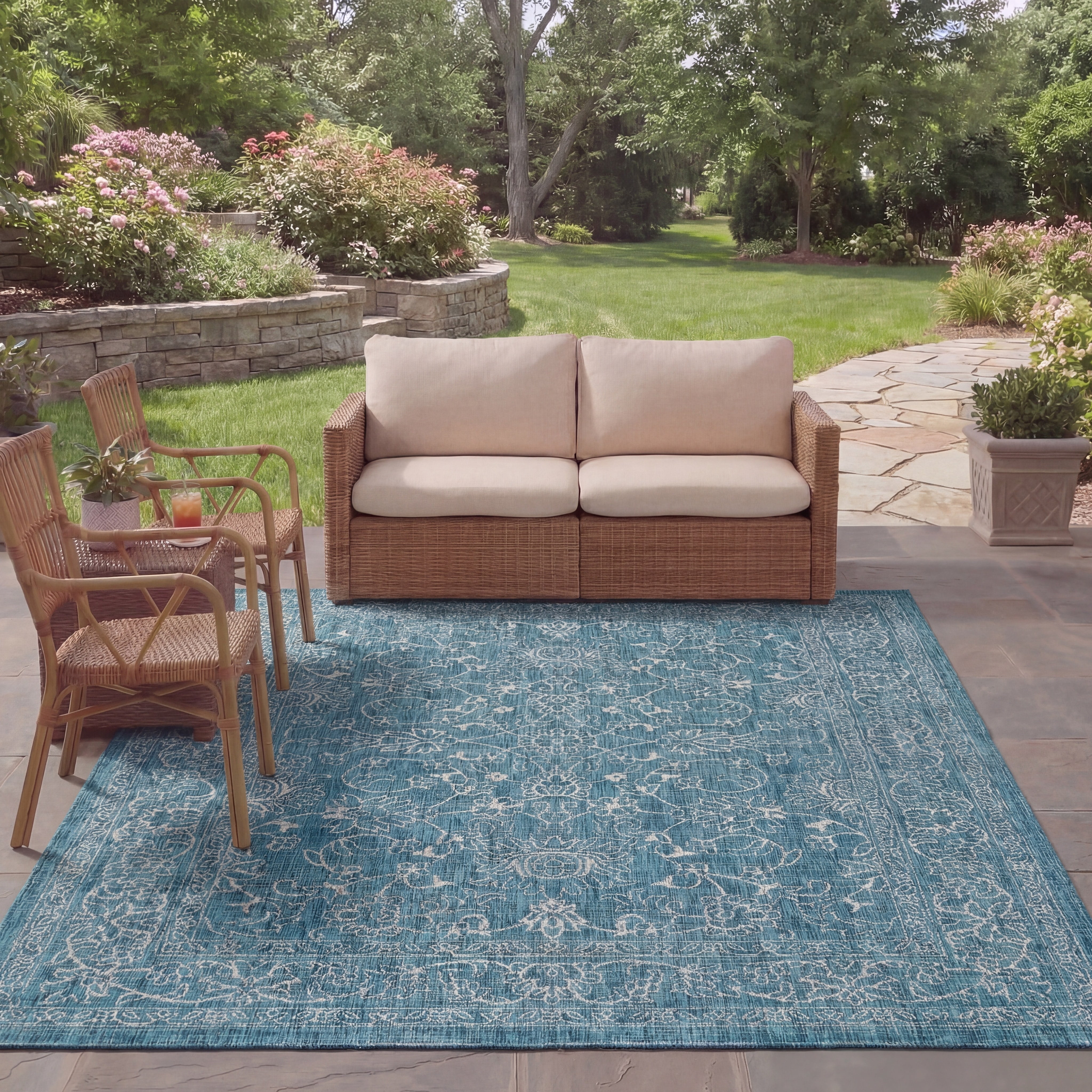 SAFAVIEH Courtyard Darin Botanical Indoor/Outdoor Area Rug, Turquoise, 9' x 9' Square