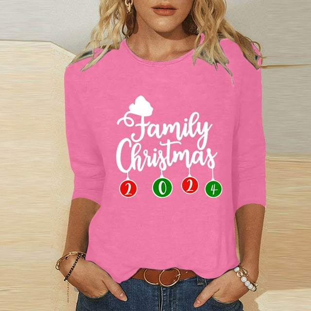 Aqestyerly Hauts de Noël pour Femmes Mode Féminine T-Shirt Imprimé de Noël Manches 3/4 Blouse Col Rond Hauts Décontractés