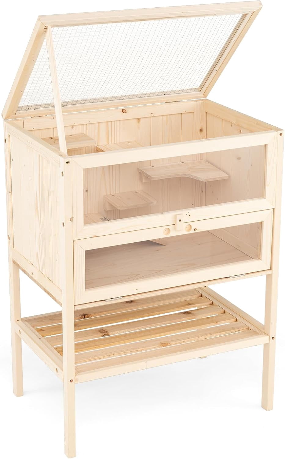 Hejuchuangli 31.5 Inches Freestanding Wooden Hamster Cage, Chew-Proof 2-Layer Hamster House with Full Transparent Viewing, Flip-Top Roof, and Storage Shelf, Ideal for Dwarf Hamster and Gerbils