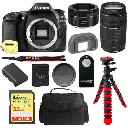 Canon EOS 80D Digital DSLR Camera + Canon 50mm 1.8 STM Lens + Canon 75-300mm III + 32GB SD Card + Tripod + Starter