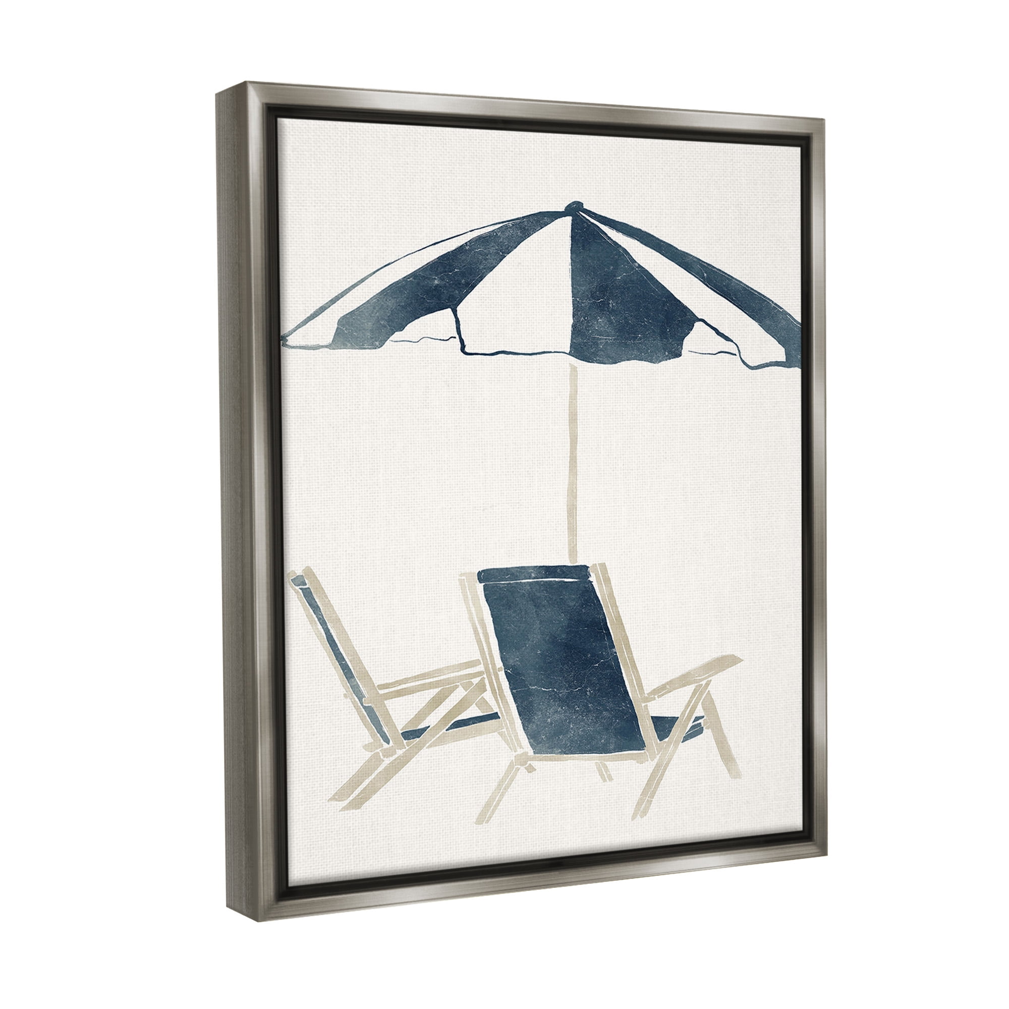 Stupell Industries Minimal Beach Umbrella & Chairs Nature Painting Gray Floater Framed Canvas Art Print Wall Art, 17 x 21