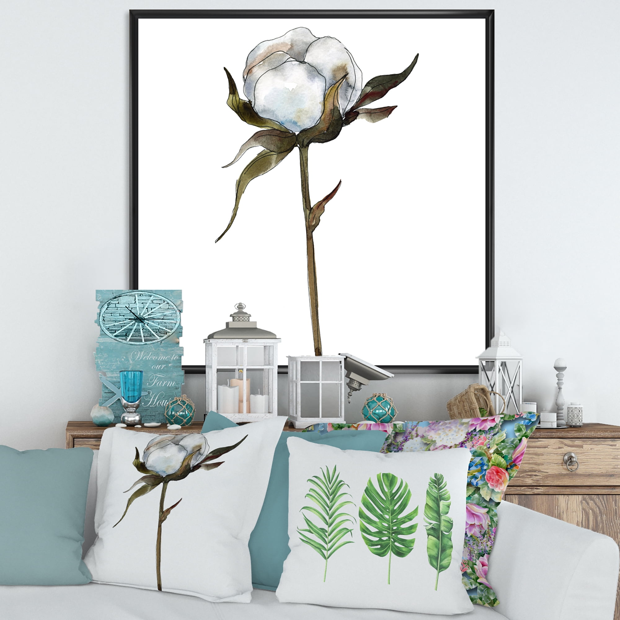Designart 'Cotton Flower Retro Style' Traditional Framed Canvas Wall Art Print