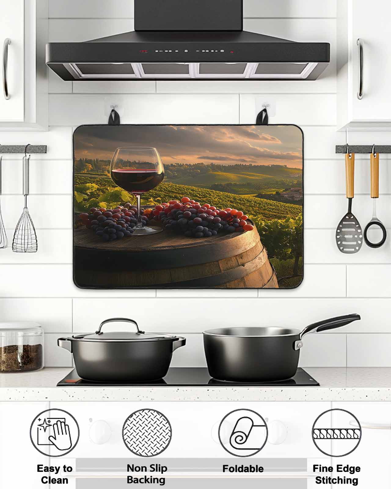Stove Top Covers for Electric Stove 36x21 Inches, Country Heat Insulation Fireproof Glass Cooktop Protector, Grapes Casks Wine Farmhouse Multipurpose Countertop Stovetop Cover for Kitchen