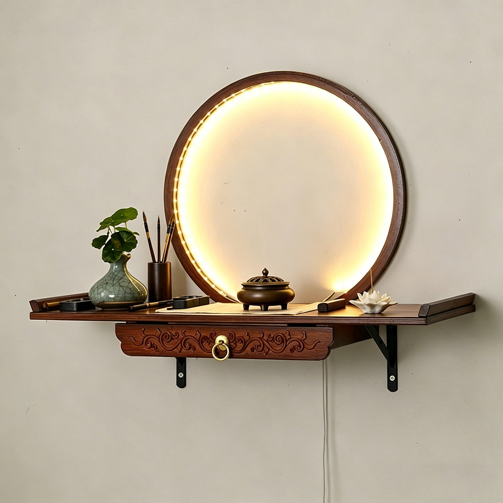Wall-Mounted Buddha Statue Stand with LED Light Household Small Buddhist Shrine Altar Table with Retractable Pull Plate Bamboo Prayer Offering Table