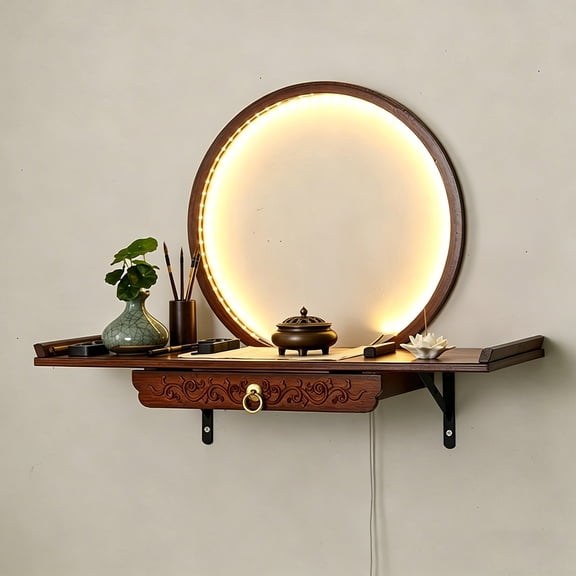 Wall-Mounted Buddha Statue Stand with LED Light Household Small Buddhist Shrine Altar Table with Retractable Pull Plate Bamboo Prayer Offering Table