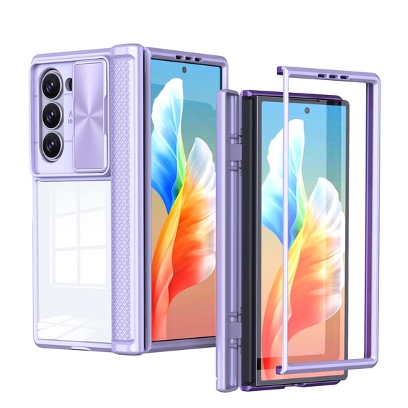 for Samsung Galaxy Z Fold 6 Case, Stylish Slim Crystal Clear PC Back TPU Silicone Case with Sliding Camera Cover Anti-fingerprint Shockproof Phone Cases for Samsung Galaxy Z Fold 6, Purple