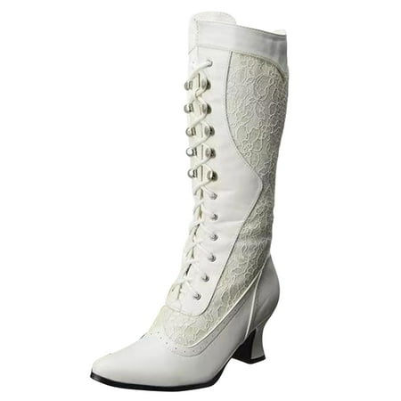 

VEKDONE 2023 Clearance Valentine s Day Deals Women Pointed Toe Chelsea Shoes Winter Warm High Heel Casual Retro British Style Solid Color Lace-Up Pointy Long Tall Wide Mid Calf Lace Boots
