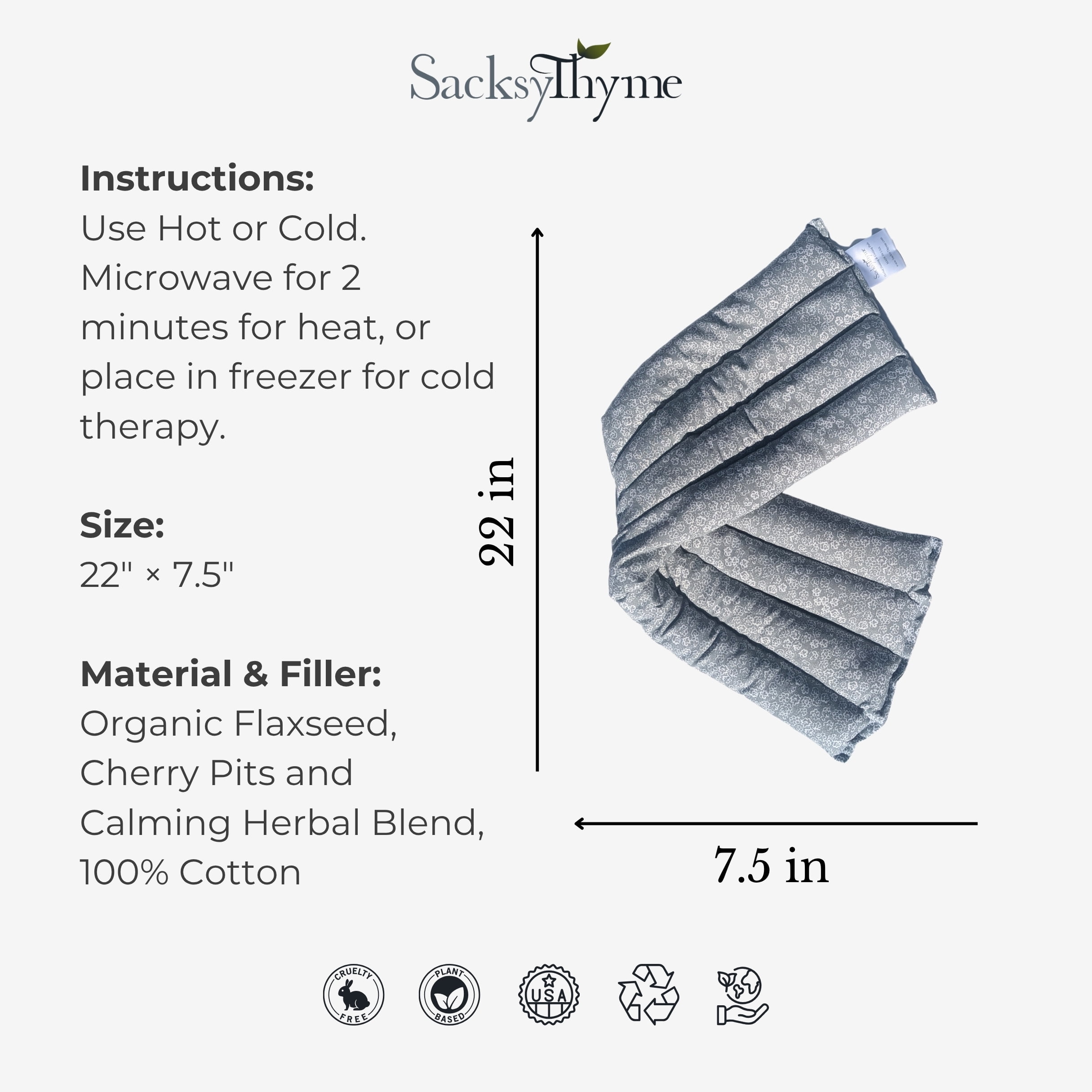 Hot Cold Therapy, Organic Flaxseed and Cherry Pit Filler Microwavable Heating Pad, Large, Grey