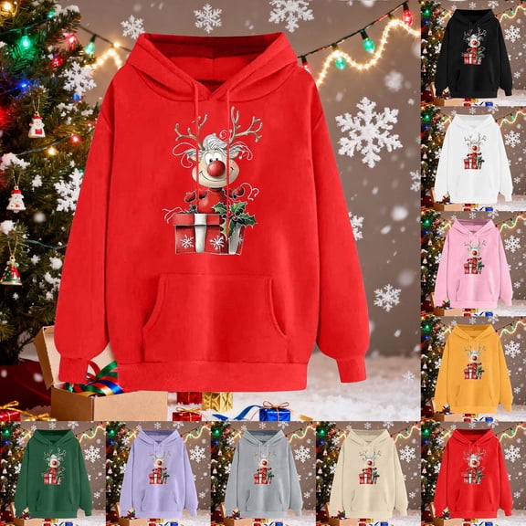 Feancey Merry Christmas Cute Hoodies for Women Funny Reindeer Print Pullover Tops Drawstring Long Sleeve Fleece Hooded Sweatshirts with Pocket Black S