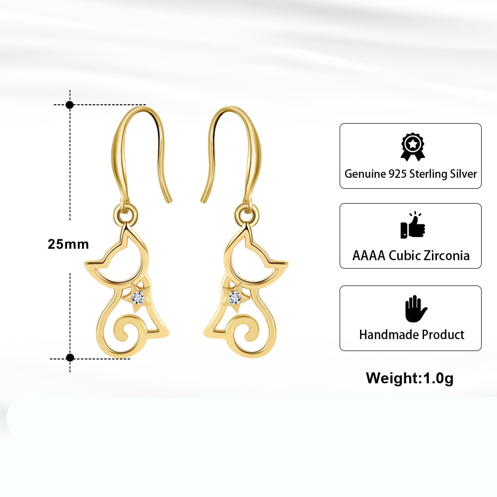 Kitty Cat Hook Dangle Earrings for Women Sterling Silver Ginger Lyne Collection