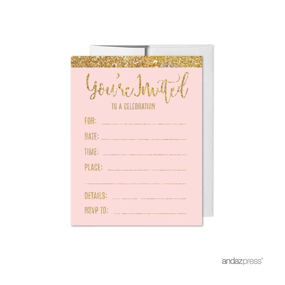 Koyal Wholesale Blush Faux Gold Glitter Bridal Shower Paper Invitations, Blank Cards with Envelopes, 20-Pack