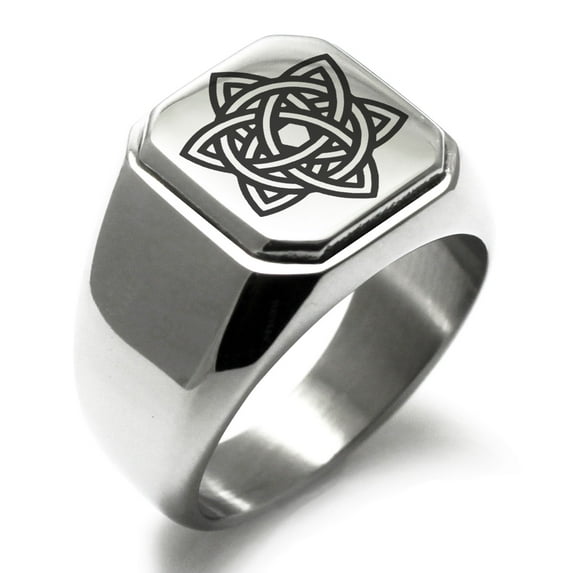 Stainless Steel Celtic Triquetra Eternity Star Knot Engraved Square Flat Top Biker Style Polished Signet Ring