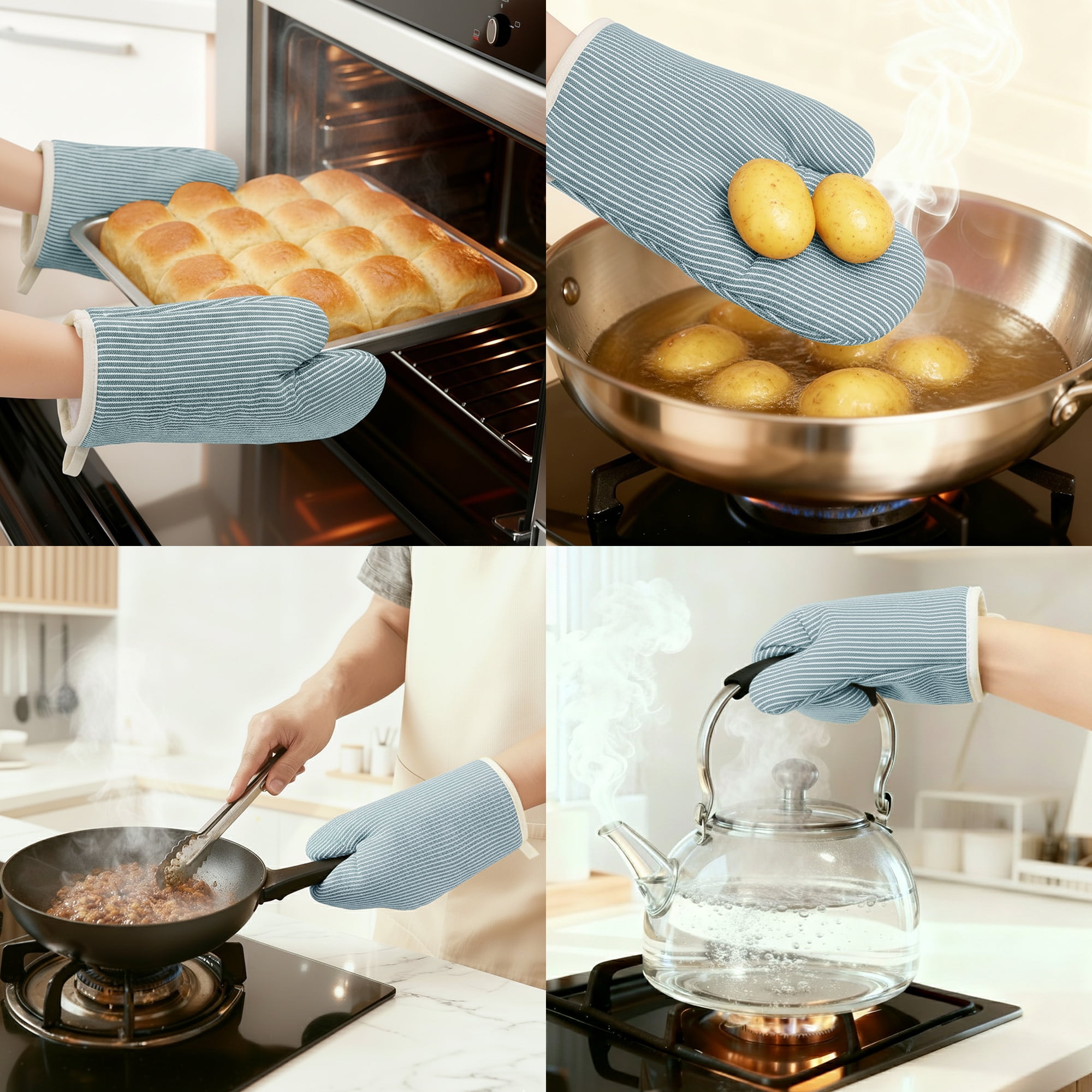 Unique Bargains Heat-Resistant Cooking Gloves Thick Cotton Lining Light Blue 10.2x7.5inch