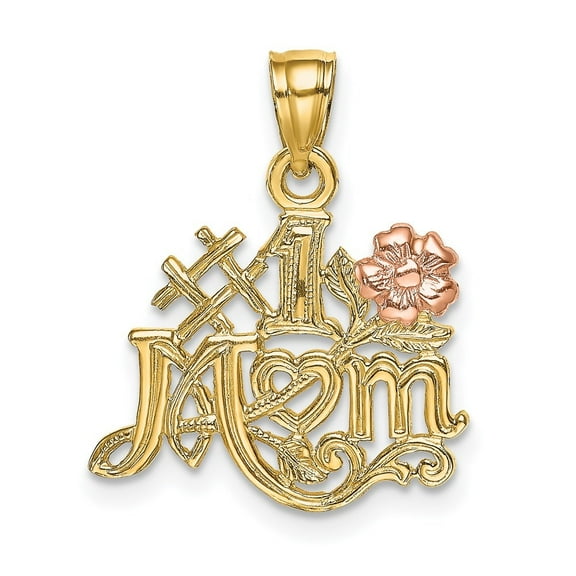 Diamond2Deal 14k Two-tone Gold #1 MOM with Flower Pendant for Women (L- 0.68 in, W- 0.26 in)