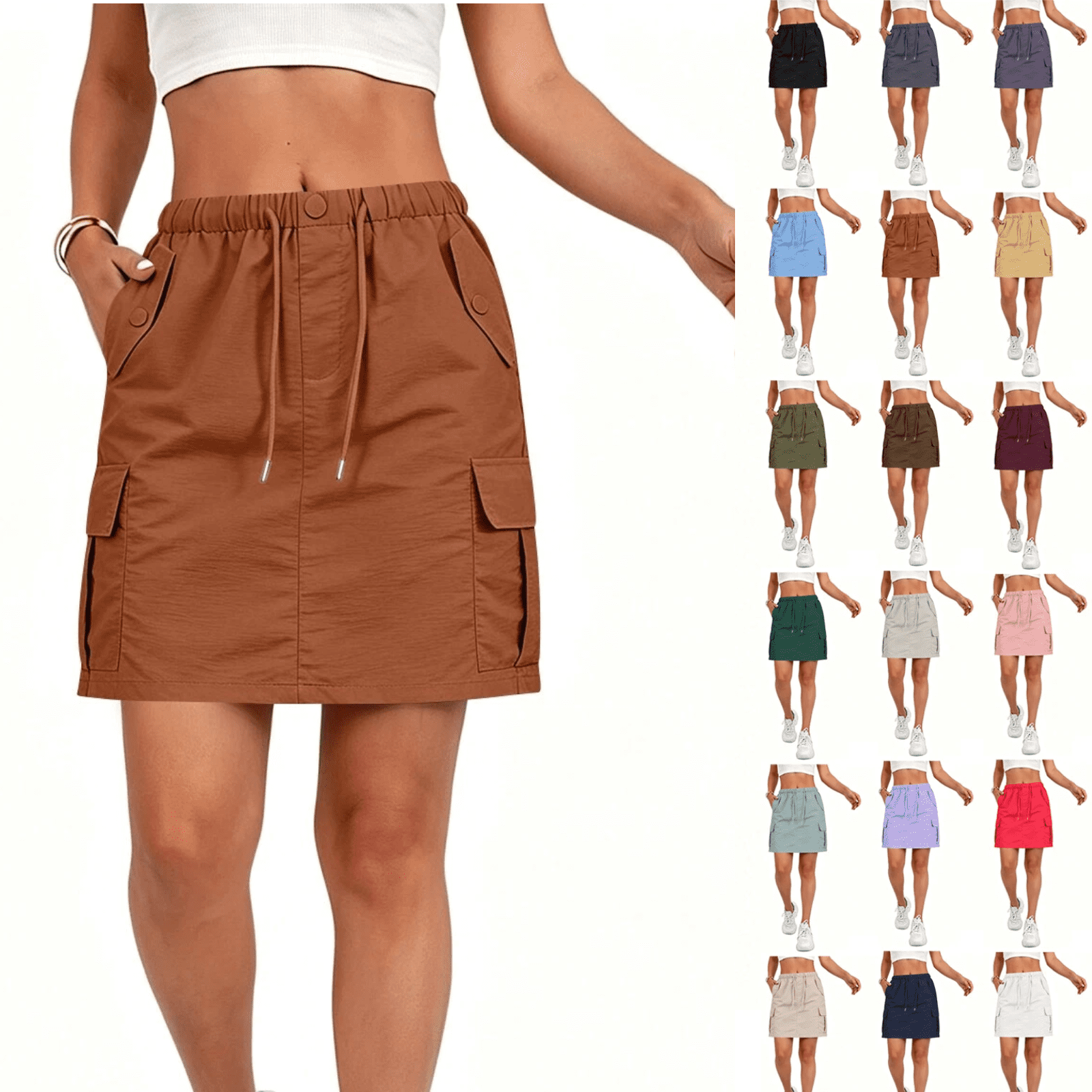 Cargo Skorts for Women Elastic Drawstring High Waisted Golf Hiking Skirt with 4 Pockets Casual Summer Athletic Skort Camel XXL