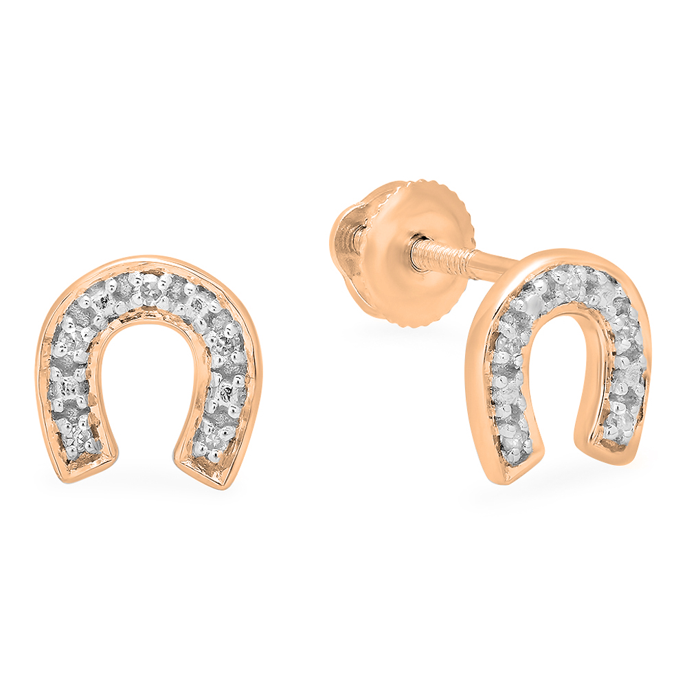 0.06 Carat (ctw) 14K Rose Gold Round White Diamond Ladies Horse Shoe Earrings