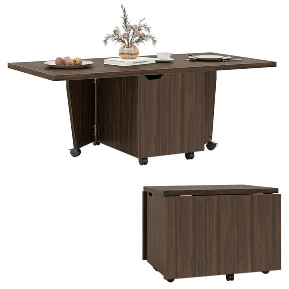 Costway Foldable Coffee Table 48" Extendable Center Table with Storage Cabinets & Wheels Walnut