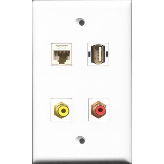 RiteAV 1 Port RCA Red and 1 Port RCA Yellow and 1 Port USB A-A and 1 Port Cat6 Ethernet White Wall Plate