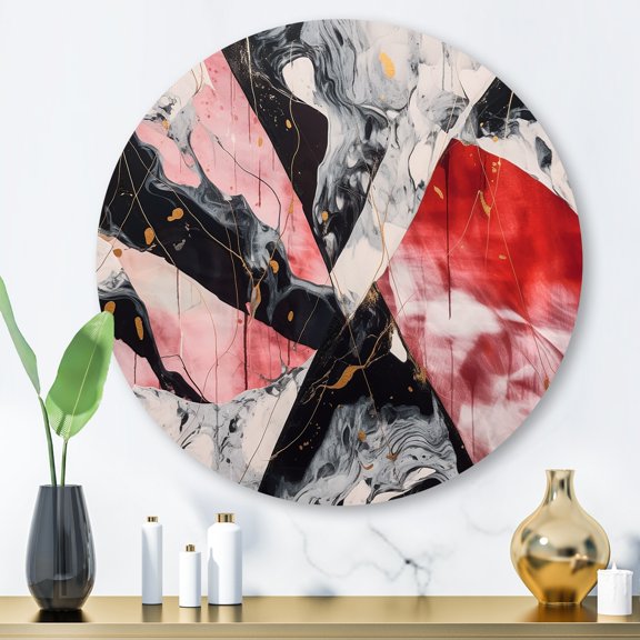 Designart "Marble Whispers Red and Black II" Abstract Marble Metal Round Art Living Room
