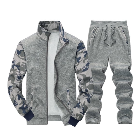 Men’s Two Piece Tracksuit Set Full Zip Stand Collar Jacket and Drawstring Pants Camouflage Print Casual Outfit