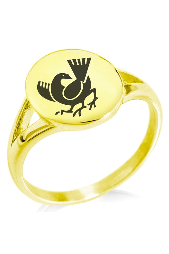 Stainless Steel Yata Crow Kamon Crest Minimalist Oval Top Polished Statement Signet Ring