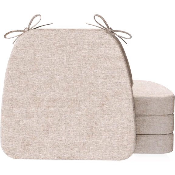 D-Shaped 2'' Thick Chair Cushions, Removable, Machine Washable Cover and Ties, Chair Pads for Indoor Dining Room and Kitchen Chairs, 17'' x 16'', Set of 4, Beige