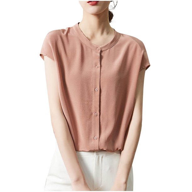 Mujeres de Verano Tops de Moda Casual Color Sólido V-Cuello Bolsillo Laminado Manga Corta Superior, Ligera Blusa Elegante