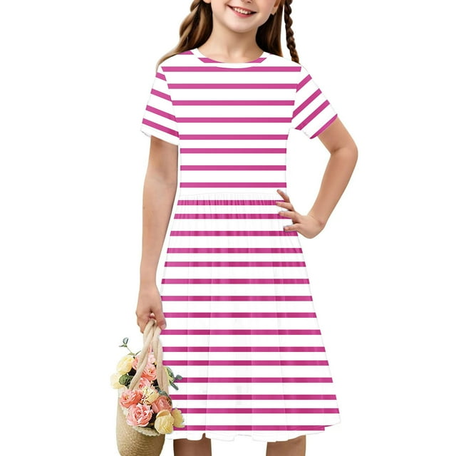Soldes de Liquidation Aujourd'hui Offres Iumwxz Robe Décontractée Trapèze Robe Tunique pour Adolescentes Robes Col Rond à Rayures Graphique Robe à Manches Courtes pour Enfants Robes Sport pour Vacances 4-14a