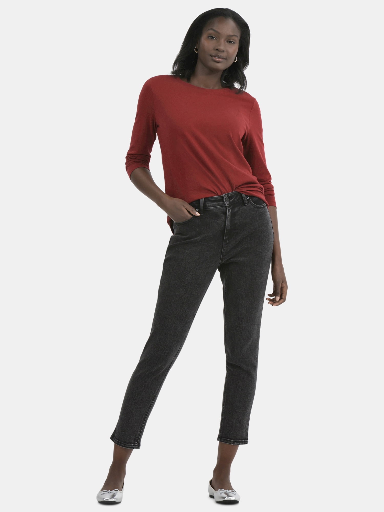 Time and Tru Women's Cotton Crewneck Tee with Long Sleeves, Sizes XS-XXXL